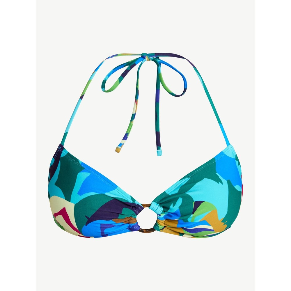 Time and Tru Bandeau Top Abstract Print Blue Green Halter Bikini Top Large 12-14